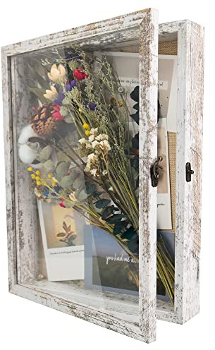 GraduationMall 11x14 Wood Shadow Box Frame Glass Door Display Case with Linen Back and 6 Stick Pins,1.5 inches Interior Depth,Ideal for Memorabilia Pictures Flowers Medals Tickets Rustic White