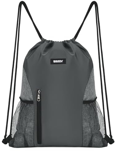 WANDF Drawstring Backpack Sports Gym Sackpack with Mesh Pockets Water Resistant String Bag for Women Men Children (Grey)