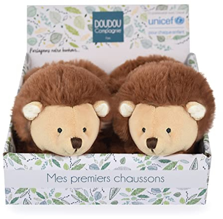 Doudou et Compagnie - Pantofole ricci - UNICEF - Marrone - Scatola aperta - Sonaglio incorporato - Idea regalo per la nascita di ragazza e ragazzo - Da 0 a 6 mesi - DC3998