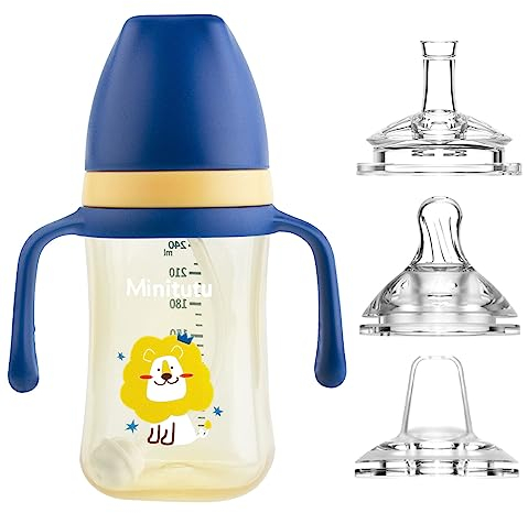 Trinklernbecher für Babymonate 6+, Kinder Trinkflasche mit Griffen Auslaufsichere Lecksicher, Baby Strohbecher Soft Auslauf Cup 240ml, mit 3 Arten Silikon Tüllen, BPA frei
