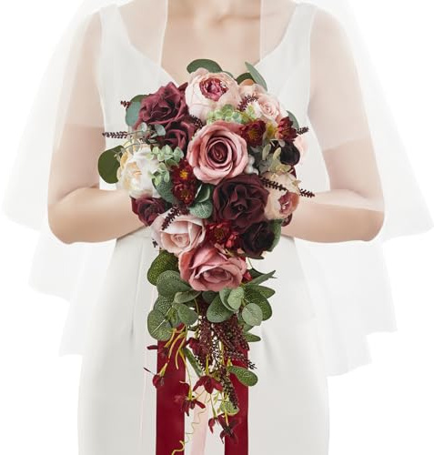 Serwalin 10 Inch Wedding Bouquets for Bride Bridesmaid, Burgundy Pink Bridal Bouquets for Bride, Artificial Bouquets of Flowers for Wedding Ceremony Bridal Shower and Anniversary Day Decor