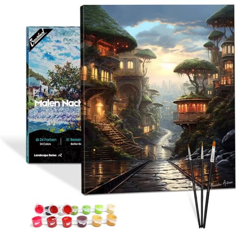 Bougimal Malen Nach Zahlen Erwachsene Landschaft mit Rahmen inklusive Pinsel und Acrylfarben - 40 x 50 cm, Baumhaus Straße