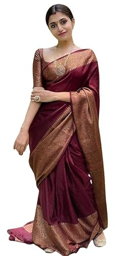 C J Enterprise Pure Banarasi Style Women's Kanjivaram Silk Sari with Wedding Blouse (Yatri), dark red, One size