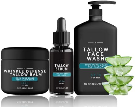 Mens Gift Set - Gifts for Dad - Mens Skincare Gift Sets for Face Cream & Face Serum & Face Cleanser - Beef Tallow Skin Care - M-ens Skin Care G-ift Sets - Gifts for Him - Wrinkle Defense Tallow Balm