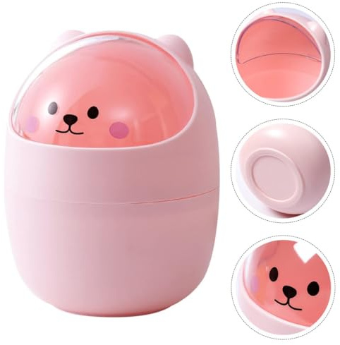 Banzimiao Mini Pattumiera da Tavolo Con Coperchio Basculante, Simpatico cestino da scrivania Cartone animato piccolo orso gatto tavolo pattumiera Per il soggiorno del bagno del bagno in cucina, rosa