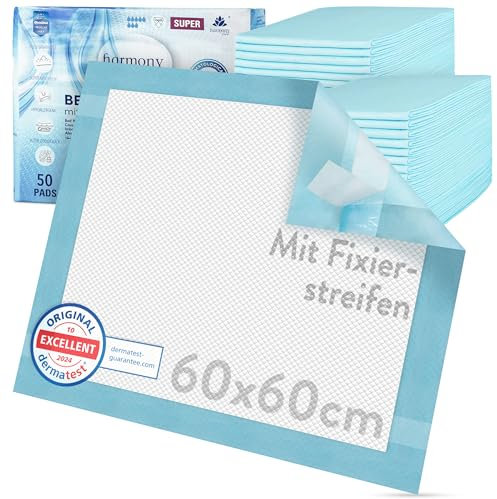 Harmony Care® 100 x Protectores de Cama con Tiras de fijación – 60 x 60 cm absorbentes – Almohadillas Antideslizantes Desechables para incontinencia