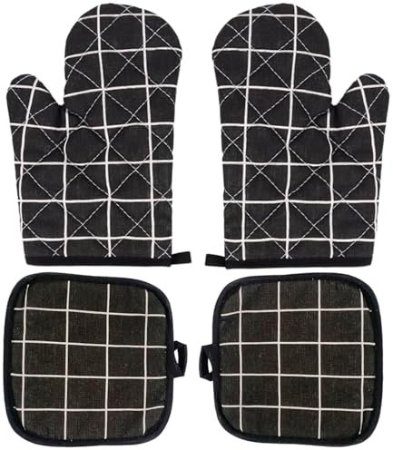 4er Set Ofenhandschuhe Hitzebeständig - Topfhandschuhe, 1 Paar Ofenhandschuhe Und 2 Topflappen, Kochhandschuhe Schwarz