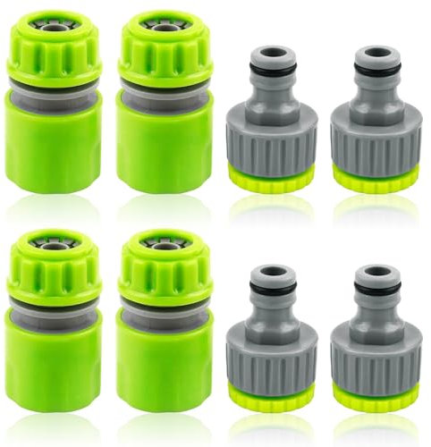 8 Piezas Juego de Conexión para Manguera de Jardín, Contiene 4 Adaptador Manguera Grifo 2 en 1 para Manguera de 1/2 y 3/4 Pulgadas, Conexión Rápida de 1/2 Pulgadas, Lavado y Jardinería, Verde
