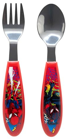 STOR Set 2 Posate Bambini Spider-Man Acciaio Inossidabile Forchetta e Cucchiaio con Manico Decorato Senza BPA per Bambini