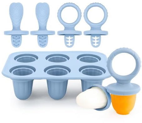 Alihoo Stampo per ghiaccio in silicone, per neonati e bambini piccoli, 6 stampi per ghiaccio con bastoncini di plastica, mini stampo per gelato, set di stampi per popsicle (blu)