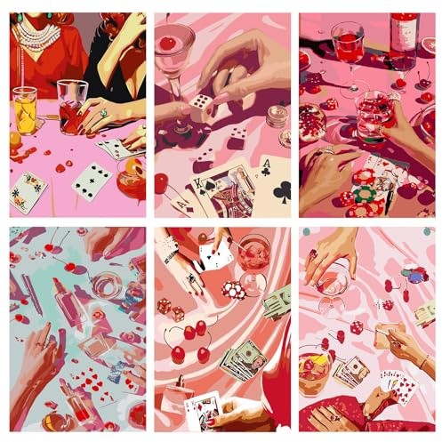 Jawecci 6 Pack Vintage Poker Paint by Numbers Kit Adults, Adults Pink Table Painting by Number Kits on Canvas, Easy Acrylic Arts Crafts Beginners for Gifts Home Decor