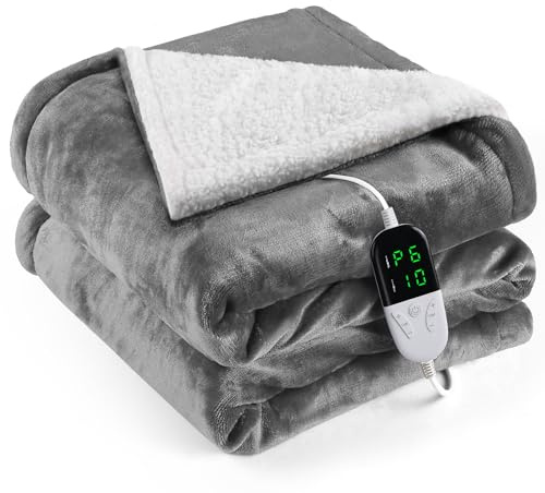 OneAmg Couverture Chauffante Flanelle 133x155cm, Plaid Chauffant avec 6 Niveaux de Dhaleur, Minuterie 10H, Chaleur Rapide, Protection Contre la Surchauffe, Affichage LED, Lavable en Machine (Gris)