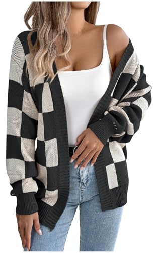 Flodxo Checked Cardigan for Women Long Sleeve Knitted Jumper V Neck Button Down Sweater Oversized Knitwear Cardigans Y2K Gingham Print Lightweight Jackets Knitwear Casual Fall Cothes Black L