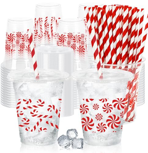 Whaline 50 Pcs Christmas Disposable Plastic Cups with Lids and Straws 12 Oz Red Candy Cane Stripe Design Cold Beverage Drinking Cups for Xmas Holiday Party Supplies