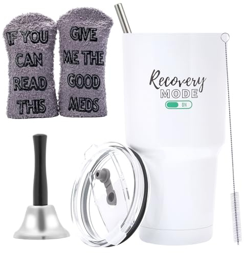 Get Well Soon Gift Set 3 Pcs -30 Oz Hospital Mug, Funny Recovery Cotton Socks, Steel Hand Bell for Surgery, Ideal Gifts for Chemo Patients & Loved Ones