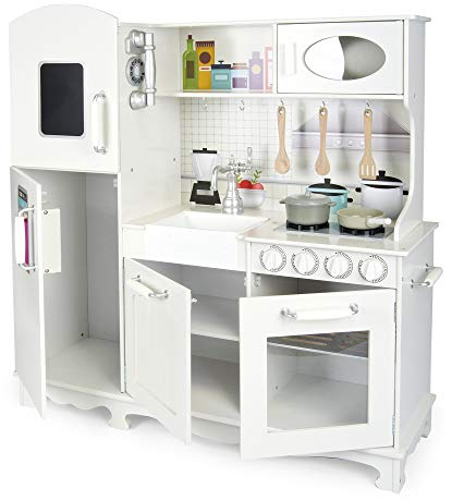Leomark Cucina in legno per bambini Biano con tanti funzioni, Ideale giocattolo per avventure culinarie creative, Impara gioccando per futuri chef Dimensioni: 92 x 29,5 x 102 cm