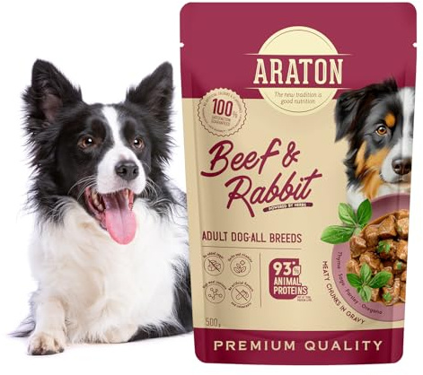 ARATON våt hundmat, nötkött och kanin, 93 % animaliskt protein, 500 g | Hälsosam matsmältning, köttiga bitar i saftig sås, med örter och vitaminer, dagligen, vuxna hundar av alla raser