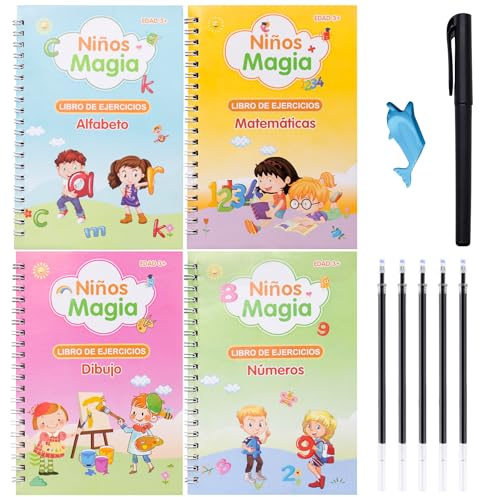 Larcenciel Cuadernos Reutilizables Caligrafia Español, 4 Libros + 1 Bolígrafo + 5 Recambio, Magic Book para Aprender a Escribir Leer de Niños 3 4 5 Años (13×19cm)