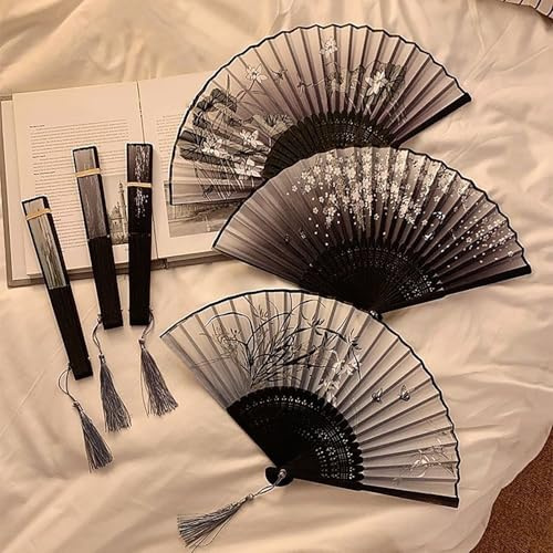 Bikasun 3 Pezzi Nero Ventagli Pieghevoli, Cinese Giapponese Ventaglio, Matrimonio Carta Tascabile Ventaglio Danza, Mano Fiore Tenuto Arredamento Ventilatore, per regali di compleanno, bar, cosplay