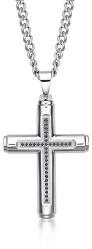Diamond Treats Collana Croce Uomo in Acciaio Inossidabile con Zirconia Cubica Nera, Ciondolo Croce 31×47 mm con Catena Barbazzale Regolabile 50–60 cm, Gioiello Maschile Elegante con Scatola Regalo