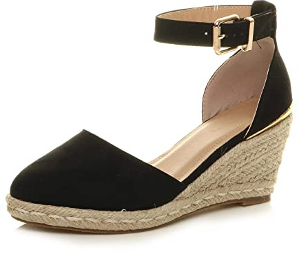 AJVANI Dam damer medelhög kilklack plattform spänne upp ankelrem Espadrille sandaler storlek, Svart, 37 EU