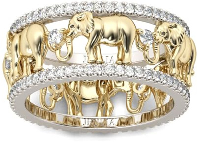 Jeulia 1,5 Quilates Elefante Anillo de Boda para Mujer, Chapado En Oro de 18 Quilates, Anillo de Compromiso Dos Tonos Circonitas Cúbicas Regalo Romántico Aniversario Oro amarillo,14.5