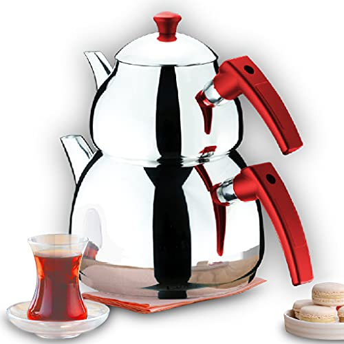 Yagmur Türkisches Teekannen-Set aus Edelstahl für Herd, 1,8 l Teekanne und 2,8 l Teekessel, Doppelteebereiter mit Bakelit-Griffen, Samowar-Stil, Mega