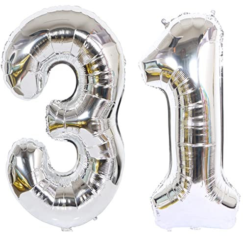 Foil Luftballons Geburtstag 31 Jahre Silber Ballon Zahl 31,101 cm Riesen Luftballons Zahlen 31 Dekoration Geburtstag 31 Jahre Deco, aufblasbar Helium Luft