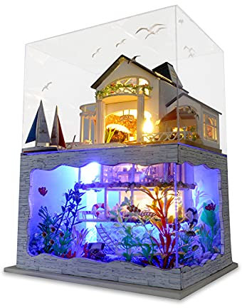 Cuteefun Maison Miniature a Construire DIY Maison Poupee Miniature Bois en Kit avec Anti-Poussière et Outils, Cadeau de Bricolage Artisanal, Impression d'Hawaï