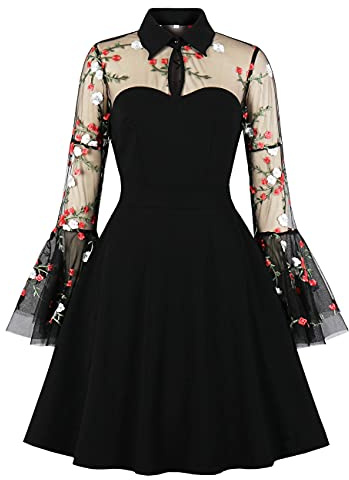 Wellwits Robe gothique brodée à manches cloches pour femme, Broderie florale, 38