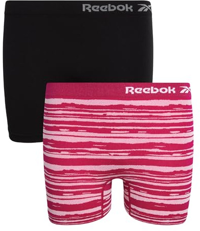 Reebok Girls Bike Shorts - 2 Pack Stretch Performance Dance Cartwheel Shorts for Girls - Seamless Underwear Shorties (6-16), Size 12-14, Pink Jacquard/Black
