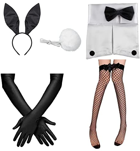 KAYLRE 7 PCS Ensemble d'accessoires de lapin pour femme - Bandeau oreilles de lapin - Collier - Nœud papillon - Manchettes - Queue de lapin - Costume de Pâques - Cosplay