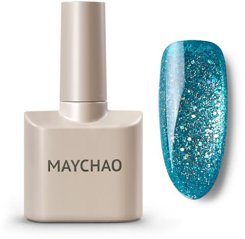 MAYCHAO Glitter Gel Nail Polish, 15ML Mermaid Blue Glitter Nail Varnish, Soak Off UV LED Mermaid Blue Sequins Gel Polish Nail Art Starter Manicure Salon DIY at Home, 0.5 OZ