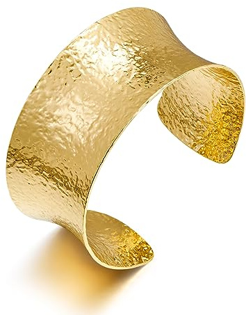 WOWORAMA Hammered Wide Cuff Bracelets for Women Boho Chunky Bangle Bracelet Vintage Adjustable Statement Cuff Bracelet with Concave Edges