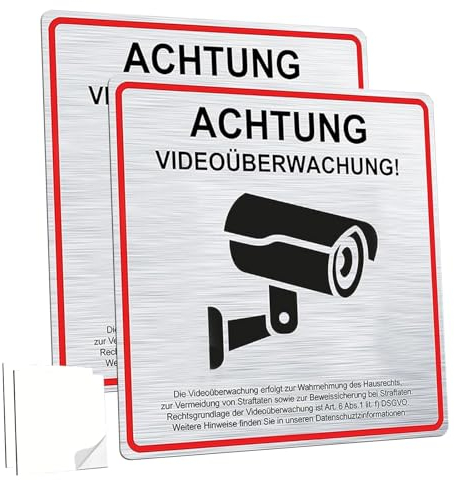 Videoüberwachung Schild mit Aluminium Metall, 2 Stück Schild Überwachungskamera Ideal zur Kameraüberwachung und Kamera Attrappe, Wetterfest (15 x 15cm)