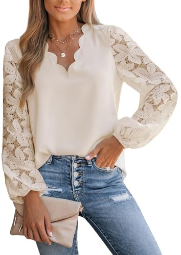 CUPSHE Women Lace Elegant Blouse Long Sleeve Eyelet V Neck Dressy Party Floral Tops Scalloped V Neck Casual Loose Fashion Shirts Beige XL