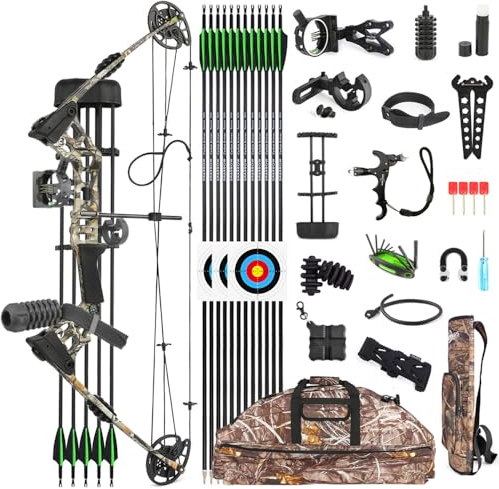 SHARROW Bogenschießen Compound Bogen und Pfeil Komplett Set 20-70lbs Einstellbare Jagd Compoundbogenset für Erwachsene und Anfänger Outdoor-Schießen LH/RH (Rechtshänder, Camo)