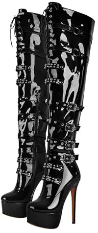 blingqueen Women's Platform Thigh High Boots with Zipper Stiletto Heel Over The Knee High Boots Lace Up Punk Motorcycle Boots Buckles Chains Rivets Ornamented Long Shaft Sock Boots Black Size 3