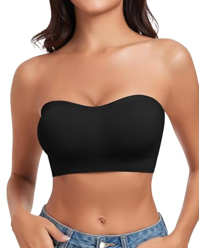 WOWENY Strapless Bandeau Bra Padded for Women Seamless Non Wired Bralette Boob Tube Non-Slip Silicone Bras with Transparent Straps(Black, XL)