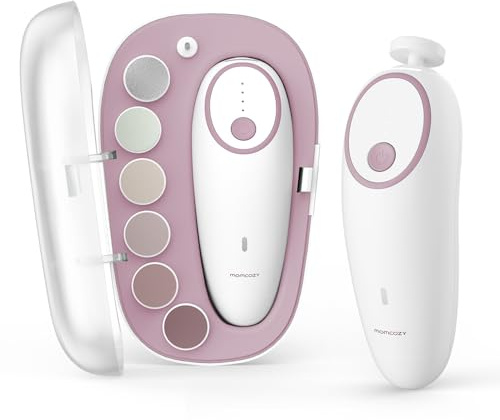 Momcozy Baby Nail File Electric, Gentle Baby Nail Trimmer Electric, Baby Nail Clipper with Night Light, 7 Grinding Head Replacement Pads, Pink