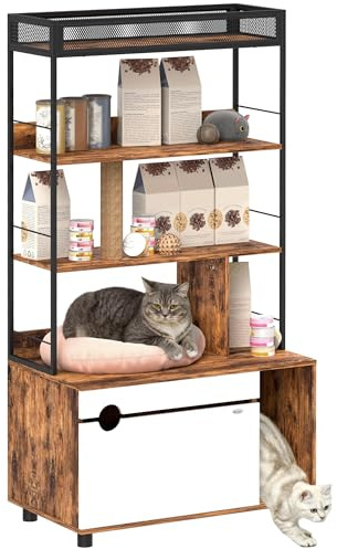 PawHut 2-i-1 kattlåda, skåp, kattlåda med 3-nivåhylla, klösstolpe, fälldörr, katthus för katt under 6 kg, 80 x 48 x 152 cm, rustik-brun