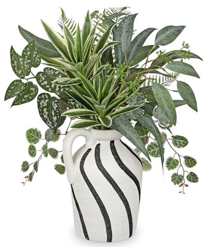 Oairse Artificial Greenery Arrangement with Cement Vase, Fake Potted Plants in Rustic Jug Planter, Faux Leaf Bouquet for Table Centerpiece, Farmhouse Home Office Decor, Living Room, Shelf Decoration