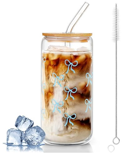 dellyy Tazas de Café de Cristal, 500ml Vaso Cristal con Tapa y Pajita,Vaso de Cerveza con Tapa y Pajita,Diseño de Lazo de Mariposa,Se Puede Usar Como Vaso de Café, Vaso para Jugo (Azul)