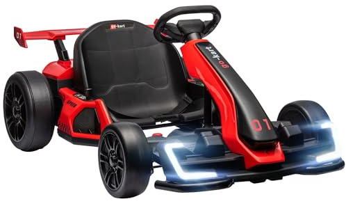 HOMCOM Kinder Elektro Gokart 24 V 6-12km/h Drift Kart mit Driftmodus, Langsamem Start, 3-Fach verstellbarem Sitz Go Kart mit Anzeige Musik, Sicherheitsgurt Kinderfahrzeug für 6-12 Jahre Kinder Rot