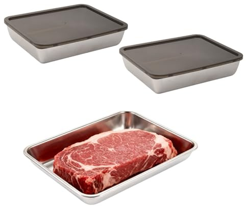 Aohyue Set di 3 Contenitori Ermetici per Alimenti in Acciaio Inox, 25x20x5.5cm Meal Prep Contenitori, per Congelatore e Conservazione di Frutta, Insalate e Alimenti Vari
