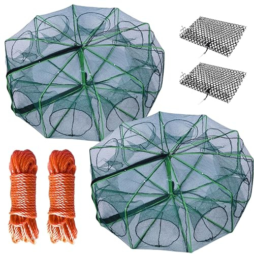 Fishing Bait Trap Foldable Fish Net for Minnow Crab Crayfish Crawdad Shrimp Trap Cast Net Dip Cage Collapsible Easy Use 10 Hole Fishing Accessories (1)