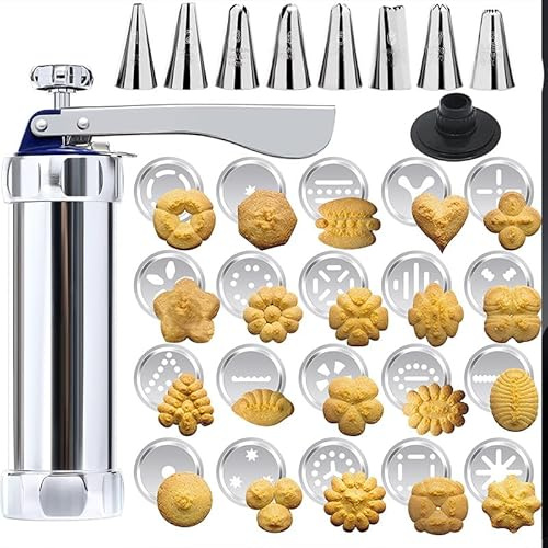 Gebäckpresse, Spritzgebäck Presse mit 20 Schablonen und 8 Tüllen, Gebäckpresse für Spritzgebäck, Kekspresse Plätzchenpresse Gebäckspritze Set Backzubehör für Kuchen Dessert DIY Maker Cookie Presse