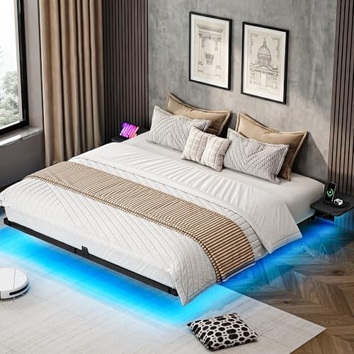YITAHOME Estructura de Cama con iluminación LED, estación de Carga USB, Interfaz Tipo C, diseño Flotante, Marco de Metal, Funda de Tela sin colchón, 140 x 200 cm