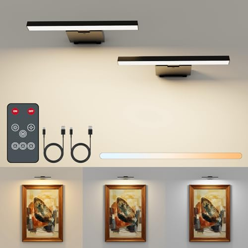 Applique Murale pour Tableau Rechargeable Sans Fil, Lot de 2, Lampe LED avec Télécommande, Batterie 6000mAh, 3 Températures de Couleur, 5 Modes d'Éclairage, pour Cadres, Photos, Salon, Galerie