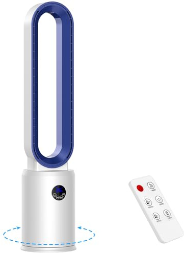 Husgw Ventilador de Torre sin Aspas, Ventilador Silencioso de 24 Velocità con purificador de aire HEPA, Timer 12 Ore, Oscillante a 90°, Display a LED y Control Remoto, Portátil, para Dormitorio